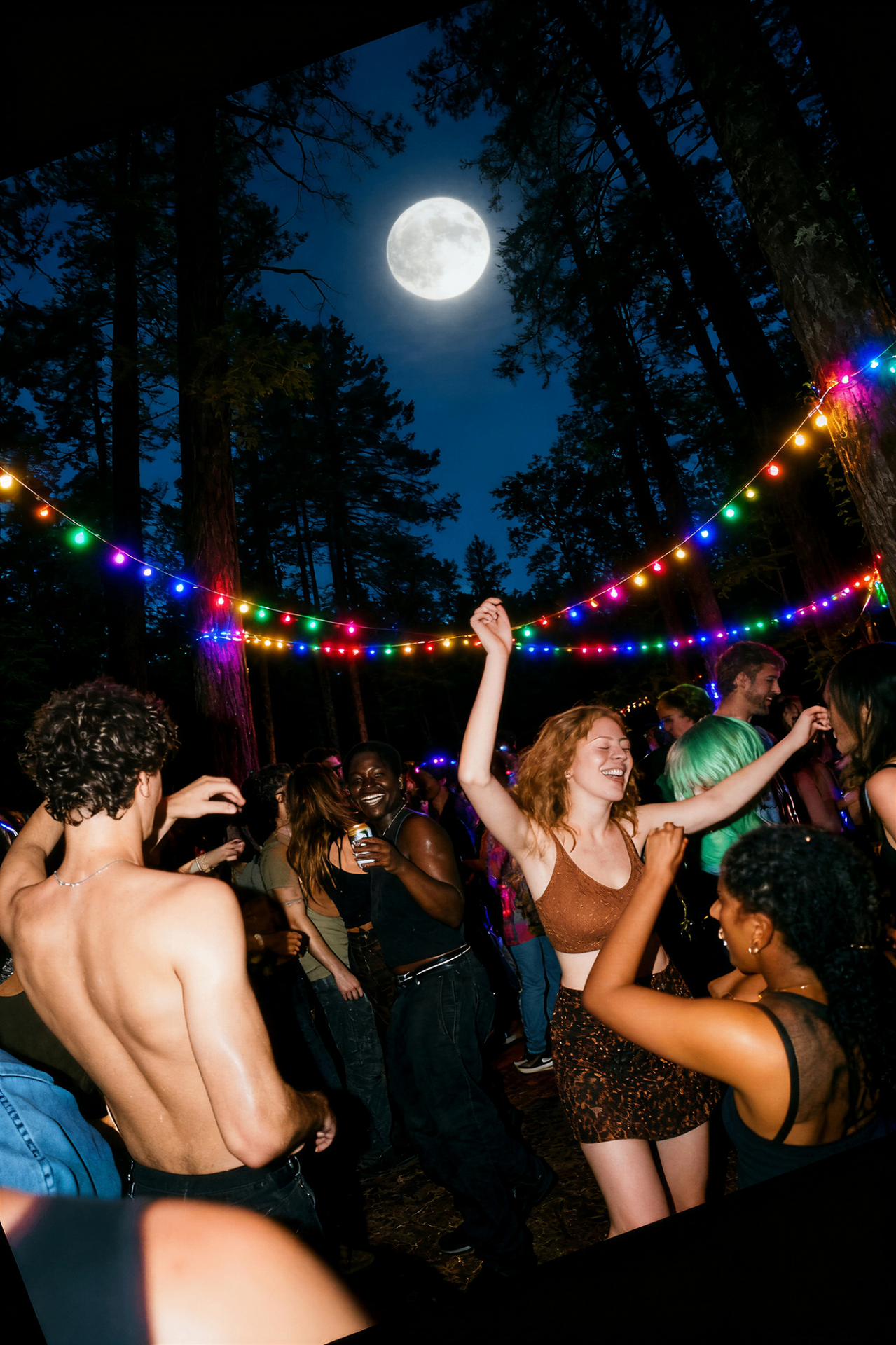 Friends gathering in a moonlit forest