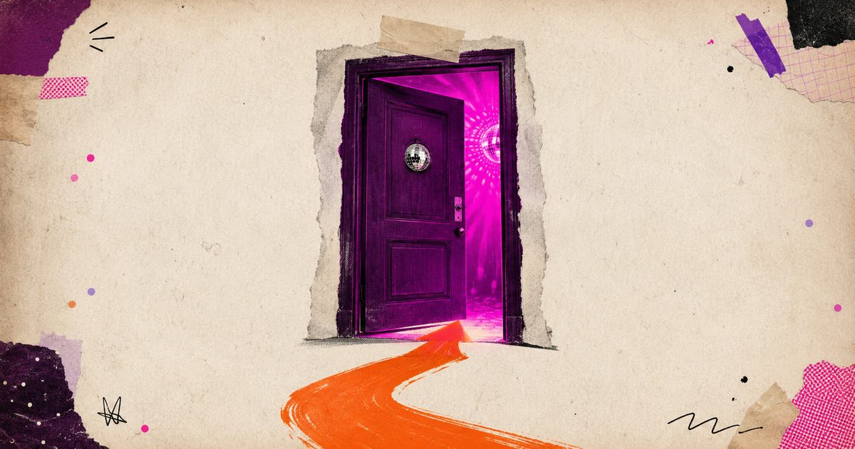 A torn-paper collage of a purple door opening onto a glowing pink after-party room, with an orange path leading inside.