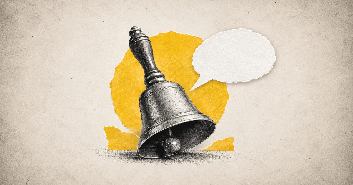 A torn-paper collage of a silver handbell and an empty speech bubble against a rough yellow shape, suggesting a public announcement nobody asked for.
